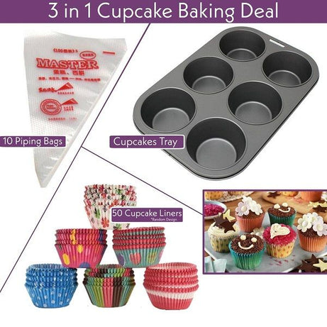 3in1 Deal 6 Cupcake Muffin Tray + 10 Disposable Piping Bag + 50 pcs Cupcake Muffin Paper Liner - Oshi.pk - Buy & Sell Online