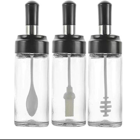3pcs Spice Seasoning Jars with Spoon,Hony & Brush Glass Bottle - Oshi.pk - Buy & Sell Online