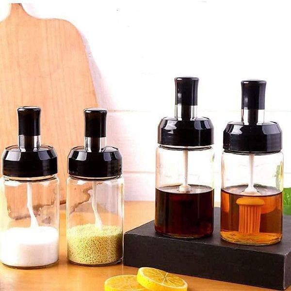 3pcs Spice Seasoning Jars with Spoon,Hony & Brush Glass Bottle