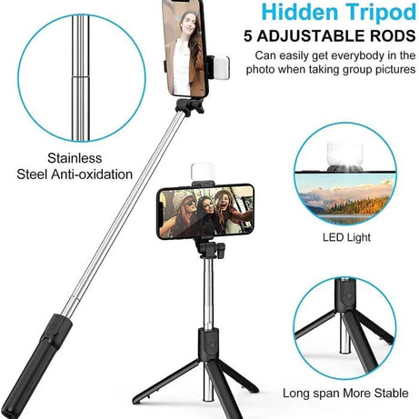 4 in 1 Wireless Selfie With Fill Light Stick Tripod Bluetooth Shutter selfie Light foldable Selfie stick for all Phone Extendable With charging Cable - Oshi.pk - Buy & Sell Online