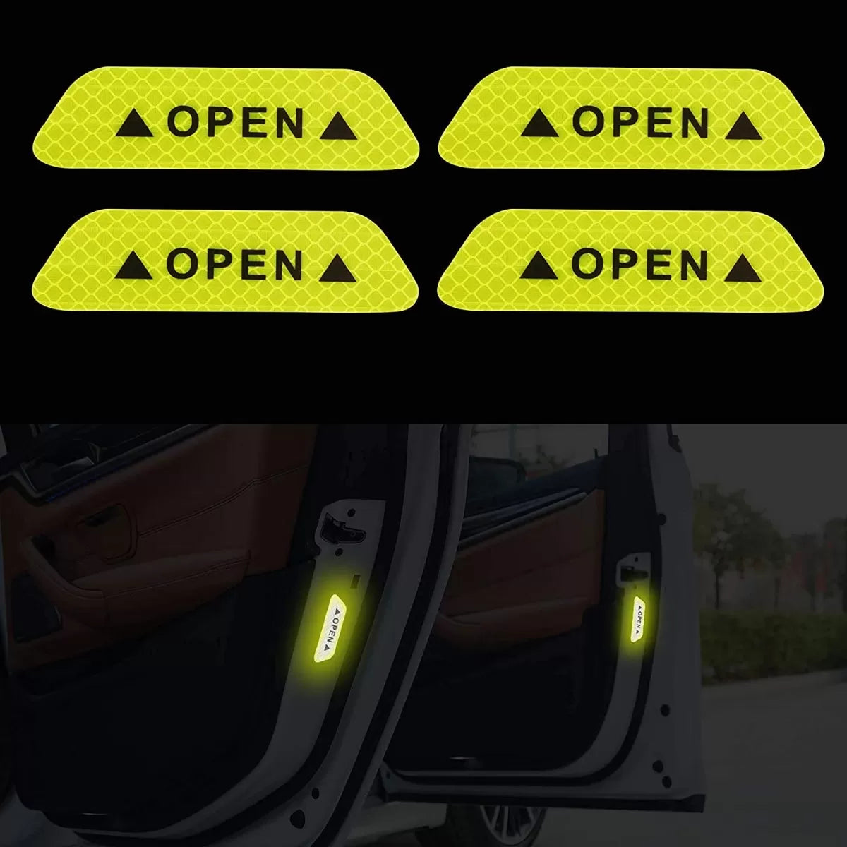 4 PCS Car Door Open Sticker Reflective Tape Safety Warning Car Open Door Reflective Stickers With Open Sign Door Open Warning Safety Sticker - Oshi.pk - Buy & Sell Online