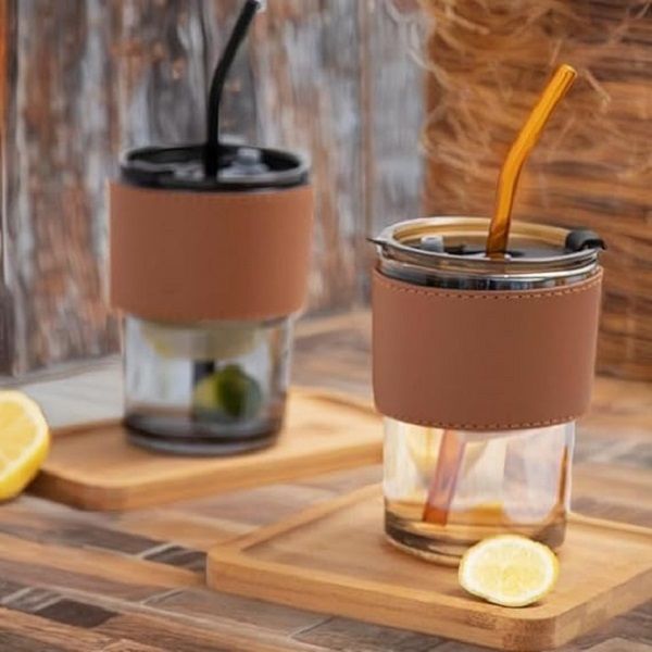 450ml Glass Coffee Mug with Straw & Leather Sleeve Mugs - Oshi.pk - Buy & Sell Online