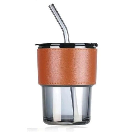 450ml Glass Coffee Mug with Straw & Leather Sleeve Mugs - Oshi.pk - Buy & Sell Online