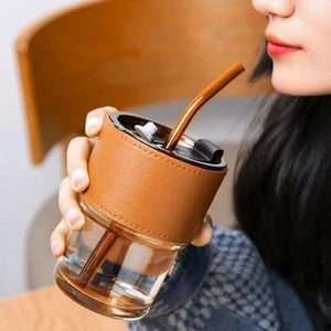450ml Glass Coffee Mug with Straw & Leather Sleeve Mugs - Oshi.pk - Buy & Sell Online