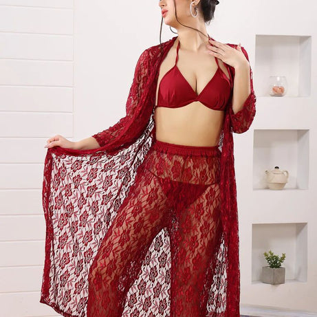 4pc See Through Robe, Long Sheer Robe With Pajamas (Maroon) - Oshi.pk - Buy & Sell Online