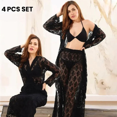 Pretty Wrap 4-Pieces Net Nightwear For Girls and Women - Black - Oshi.pk - Buy & Sell Online