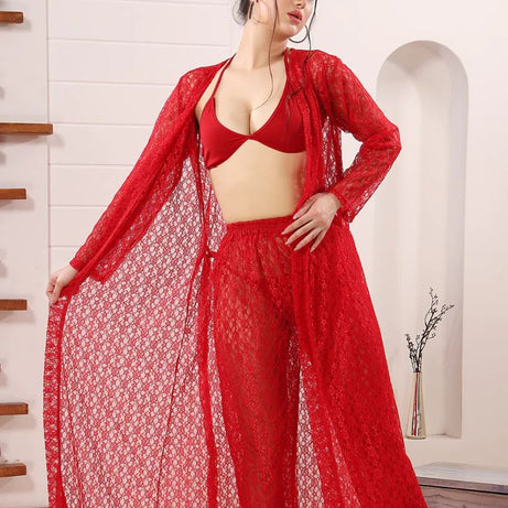 4pc See Through Robe, Long Sheer Robe With Pajamas (Red) - Oshi.pk - Buy & Sell Online