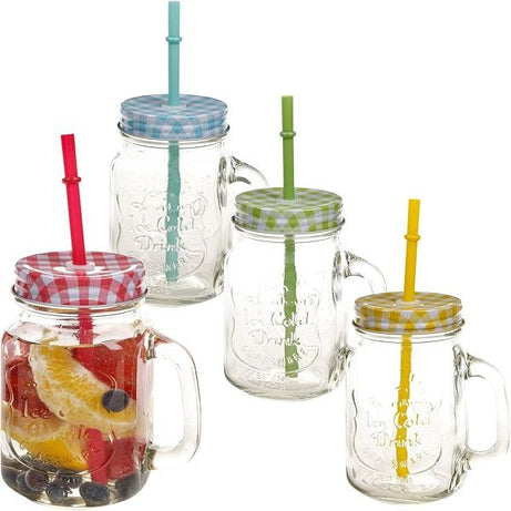 4pcs Mason Glass Jar with Reusable Straw Fruit Juices 450 ml - Oshi.pk - Buy & Sell Online