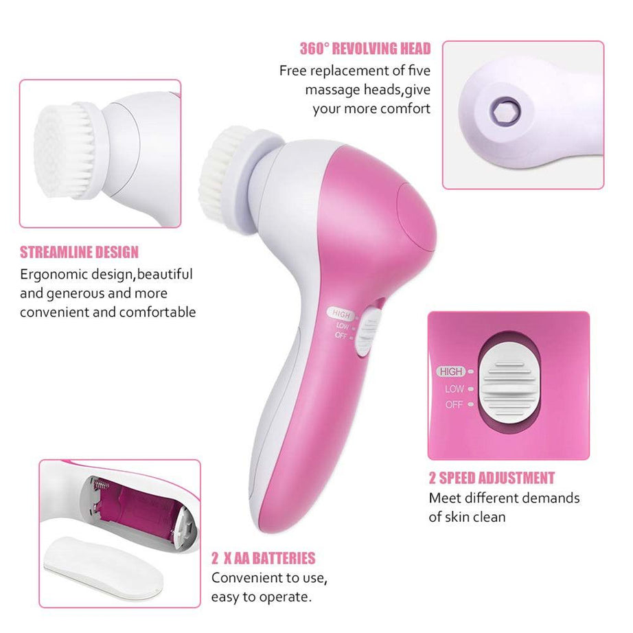 5 in 1 Electric Facial Cleanser Wash Face Cleaning Machine Skin Pore Cleaner Body Cleansing Massage Mini Beauty Massager Brush massager Scrub Beauty - Oshi.pk - Buy & Sell Online