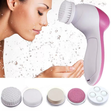 5 in 1 Face Massager and Cleanser - Pink - 5-in-1 Beauty Care Brush Massager Scrubber Face Skin Electric Facial Cleanser