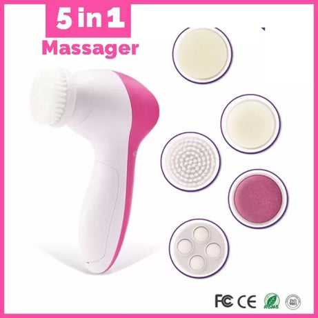 5 in 1 Face Massager and Cleanser - Pink - 5-in-1 Beauty Care Brush Massager Scrubber Face Skin Electric Facial Cleanser