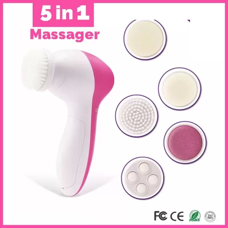 5 in 1 Face Massager and Cleanser - Pink - 5-in-1 Beauty Care Brush Massager Scrubber Face Skin Electric Facial Cleanser