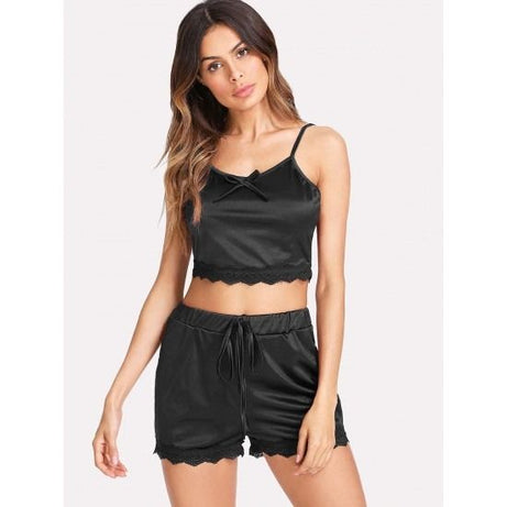 Black Lace Trim Cami And Shorts Set For Women - Oshi.pk - Buy & Sell Online