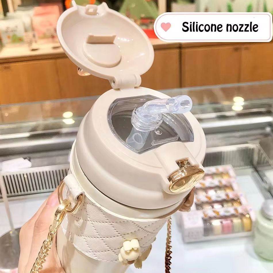 500ml Cute Rabbit Ear Plastic Water Bottles With Straw For Girls Kids Portable Strap Student Bottle With Cup Cover - Oshi.pk - Buy & Sell Online