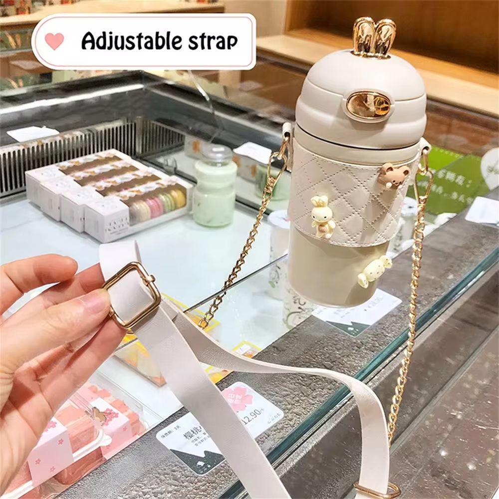 500ml Cute Rabbit Ear Plastic Water Bottles With Straw For Girls Kids Portable Strap Student Bottle With Cup Cover - Oshi.pk - Buy & Sell Online