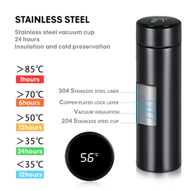 500ML Smart Thermos Water Bottle Led Digital Temperature Display Stainless Steel Coffee Thermal Mugs Intelligent Insulation Cups - Temperature Bottle - Oshi.pk - Buy & Sell Online