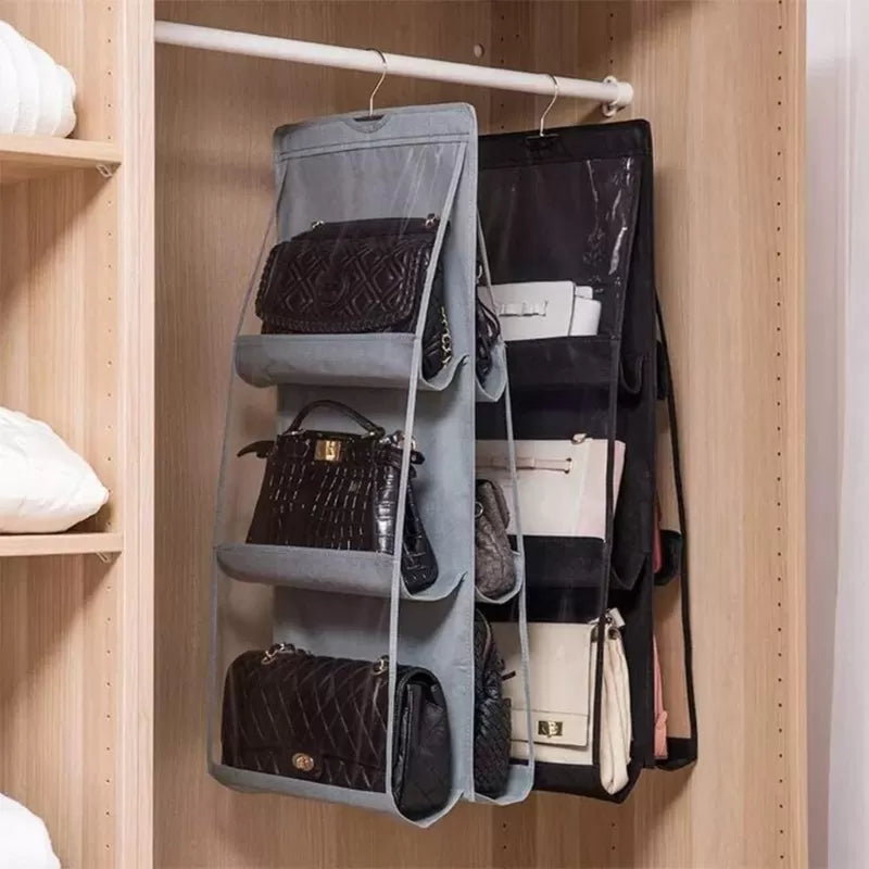 6 Pocket Hanging Handbag Organizer for Wardrobe Closet Transparent Storage Bag Door Wall Clear Sundry Shoe Bag with Hanger Pouch - Oshi.pk - Buy & Sell Online