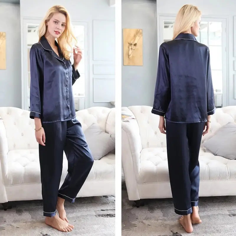 Women Pajama Sets Pure Silk Turn-Down Collar Sleepwear Lady Long Sleeve Spring Nightwear (Berry Blue) - Oshi.pk - Buy & Sell Online