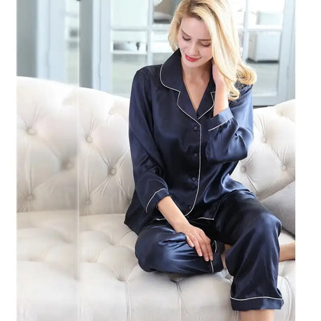 Women Pajama Sets Pure Silk Turn-Down Collar Sleepwear Lady Long Sleeve Spring Nightwear (Berry Blue) - Oshi.pk - Buy & Sell Online