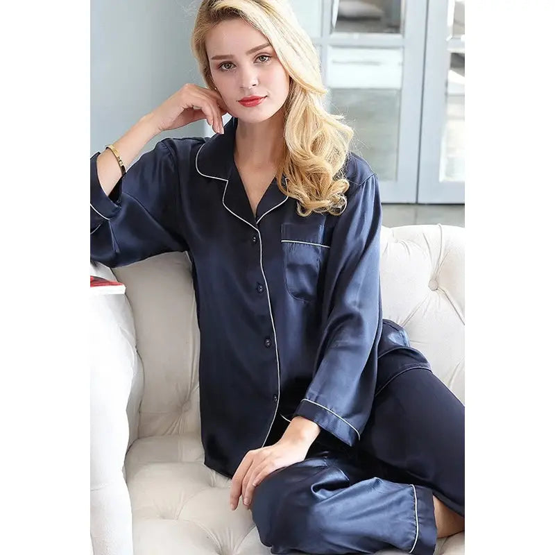 Women Pajama Sets Pure Silk Turn-Down Collar Sleepwear Lady Long Sleeve Spring Nightwear (Berry Blue) - Oshi.pk - Buy & Sell Online