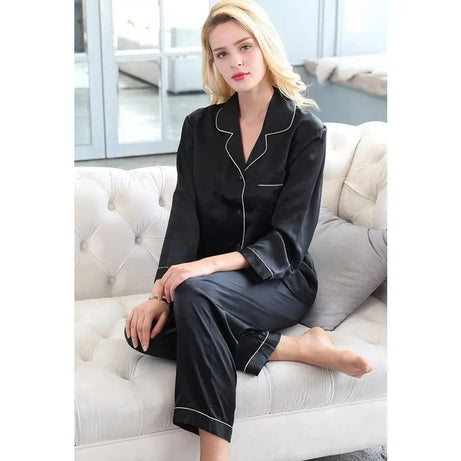 Women Pajama Sets Pure Silk Turn-Down Collar Sleepwear Lady Long Sleeve Spring Nightwear (Classic Black) - Oshi.pk - Buy & Sell Online