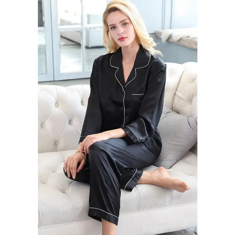 Women Pajama Sets Pure Silk Turn-Down Collar Sleepwear Lady Long Sleeve Spring Nightwear (Classic Black) - Oshi.pk - Buy & Sell Online