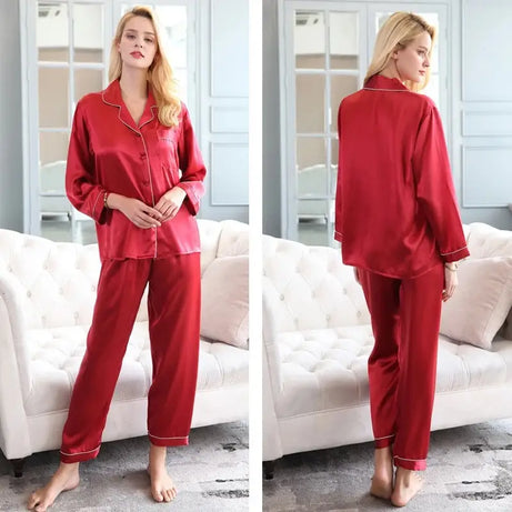 Women Pajama Sets Pure Silk Turn-Down Collar Sleepwear Lady Long Sleeve Spring Nightwear (Cherry Red) - Oshi.pk - Buy & Sell Online