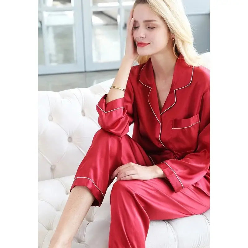 Women Pajama Sets Pure Silk Turn-Down Collar Sleepwear Lady Long Sleeve Spring Nightwear (Cherry Red) - Oshi.pk - Buy & Sell Online