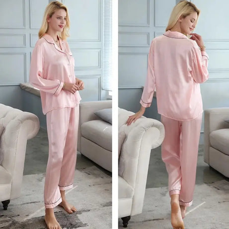 Women Pajama Sets Pure Silk Turn-Down Collar Sleepwear Lady Long Sleeve Spring Nightwear (Blush Pink) - Oshi.pk - Buy & Sell Online