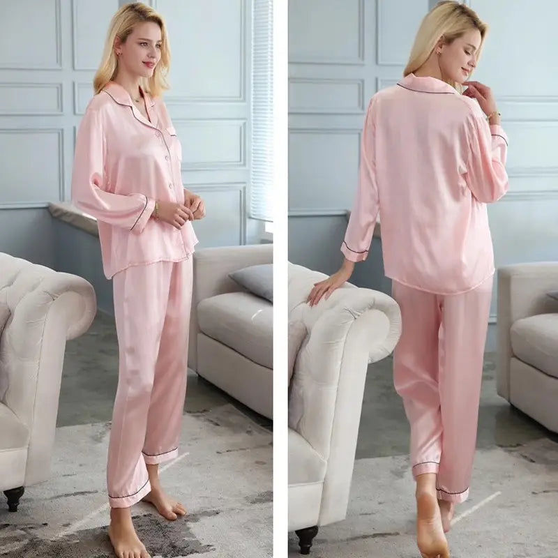 Women Pajama Sets Pure Silk Turn-Down Collar Sleepwear Lady Long Sleeve Spring Nightwear (Blush Pink) - Oshi.pk - Buy & Sell Online