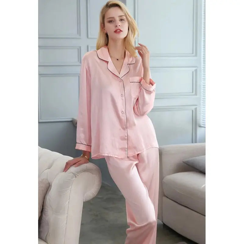 Women Pajama Sets Pure Silk Turn-Down Collar Sleepwear Lady Long Sleeve Spring Nightwear (Blush Pink) - Oshi.pk - Buy & Sell Online