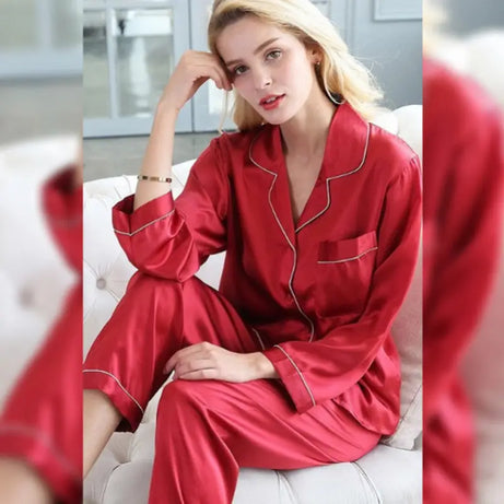 Women Pajama Sets Pure Silk Turn-Down Collar Sleepwear Lady Long Sleeve Spring Nightwear (Cherry Red) - Oshi.pk - Buy & Sell Online