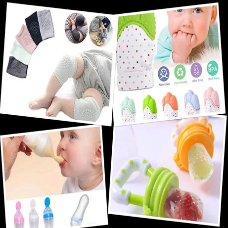 Combo # 1 - Pack Of 4 (2 Piece Baby Teether, 3 Pairs Baby Knee Pad, 1 Fruit Pacifier, 1 Baby Spoon) - Oshi.pk - Buy & Sell Online