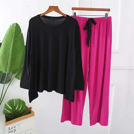 Long Sleeve & Pant Apring Soft Cotton Women Intimate Sleepwear (Black With Shocking Pink) - Oshi.pk - Buy & Sell Online