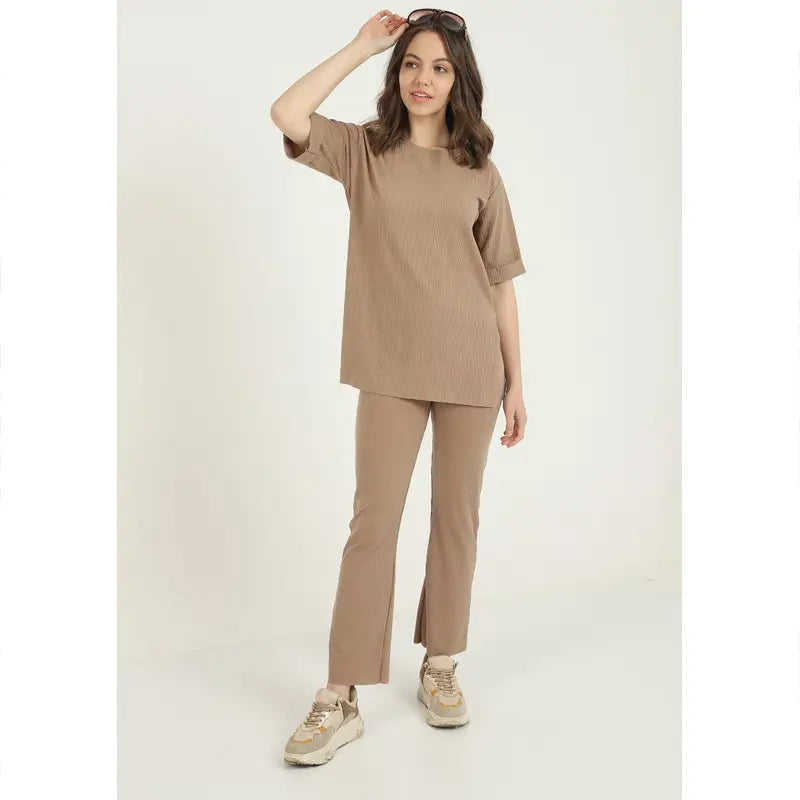 Turkish Style Womens 2 Piece Viscose Sleeve Fold CO ORD Set (Coffee) - Oshi.pk - Buy & Sell Online