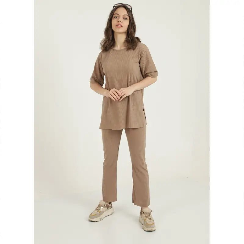 Turkish Style Womens 2 Piece Viscose Sleeve Fold CO ORD Set (Coffee) - Oshi.pk - Buy & Sell Online