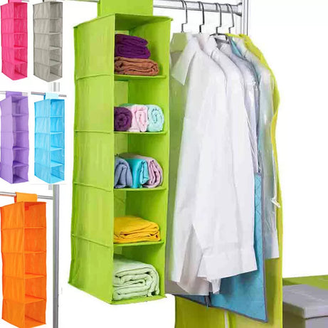 5 Shelf Portable Foldable Hanging Wardrobe Section Storage Organiser (Pack Of 2) - Oshi.pk - Buy & Sell Online
