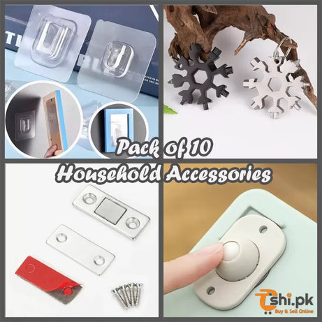 Pack of 10 Double Sided Wall Hooks Pulley Rollers Set Door Closer Magnetic Door Catch Latch Snowflakes Multi-tool 18 in 1 - Oshi.pk - Buy & Sell Online