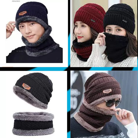 Winter Inside Warm Fleece Fur Wool Beanie Cap with Neck Warmer - Oshi.pk - Buy & Sell Online
