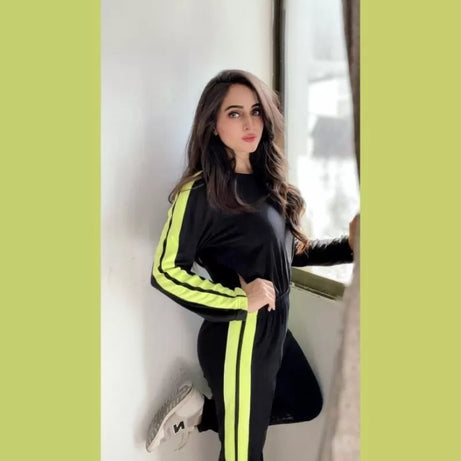 Plain Black with Green Stripes Full Sleeves Track Suit for Women - Oshi.pk - Buy & Sell Online