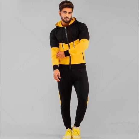 Mens Black And Yellow Arrow Cut Fleece Slim Fit Tracksuit (ABZ-102)