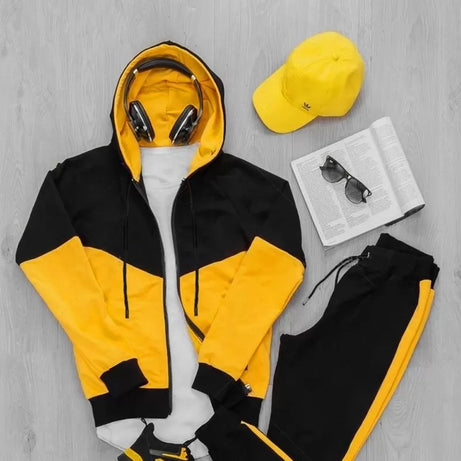 Mens Black And Yellow Arrow Cut Fleece Slim Fit Tracksuit (ABZ-102) - Oshi.pk - Buy & Sell Online