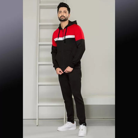 Mens Black And Red Hooded Fleece Slim Fit Tracksuit (ABZ-103)