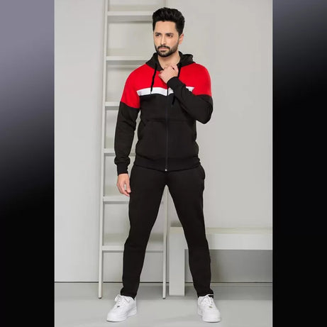 Mens Black And Red Hooded Fleece Slim Fit Tracksuit (ABZ-103) - Oshi.pk - Buy & Sell Online