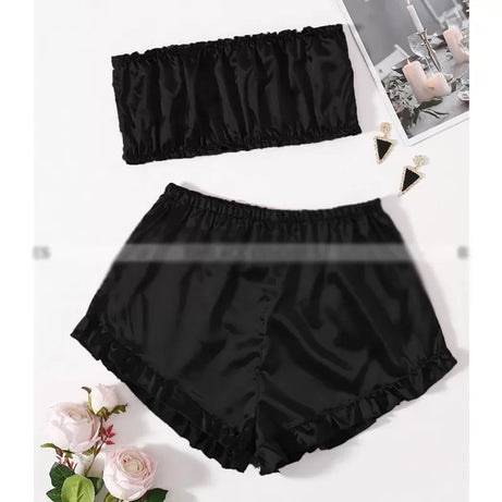 Satin Striped Frill Trim Tube Top And Shorts PJ Set (Black)