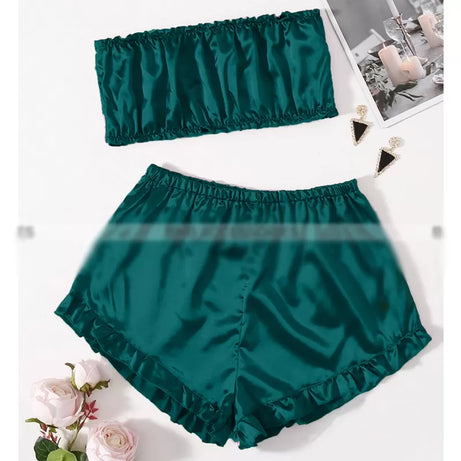 Satin Striped Frill Trim Tube Top And Shorts PJ Set (Green)