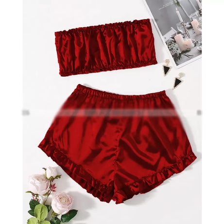 Satin Striped Frill Trim Tube Top And Shorts PJ Set (Maroon) - Oshi.pk - Buy & Sell Online
