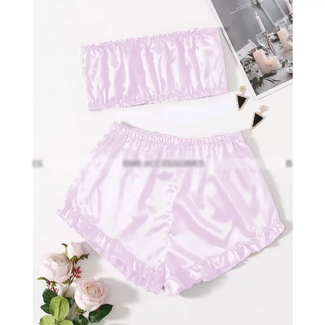 Satin Striped Frill Trim Tube Top And Shorts PJ Set (Pink) - Oshi.pk - Buy & Sell Online