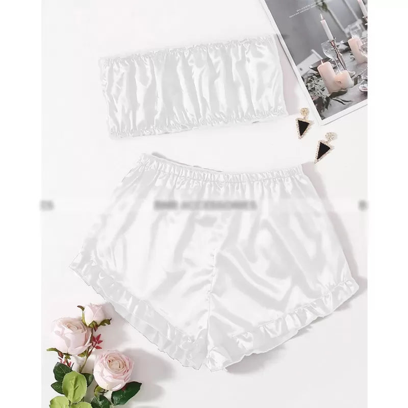 Satin Striped Frill Trim Tube Top And Shorts PJ Set (White) - Oshi.pk - Buy & Sell Online