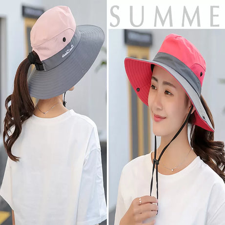 Ponytail Women Summer Sun Bucket Hats UV Hiking Wide Brim Beach Foldable Mesh Fishing Cap - Oshi.pk - Buy & Sell Online